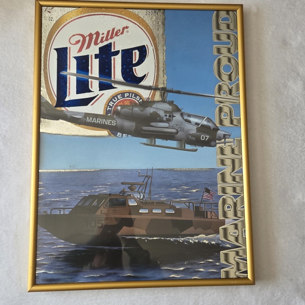 Vintage Miller Lite Marine‎ Proud Military Beer Sign Mirror Pub Man Cave RARE